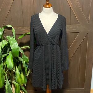 Shein black large V neck long sleeve dress